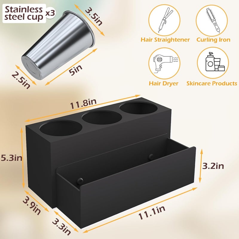 PITBVO Hair Tool Organizer, Detachable Acrylic Hair Dryer Holder for Bathroom, Hair Styling Accessories Curling Iron Hot Tools Organizer with 3 Cups, Countertop Vanity Storage (Matte Black) - Image 4